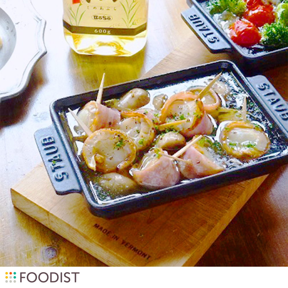 素材の味が生きる!ベビーホタテのベーコン巻き&マッシュルームのアヒージョ